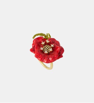 Bague ajustable coquelicot rouge et oxydes de ziconium - Les Néréides - Rouge