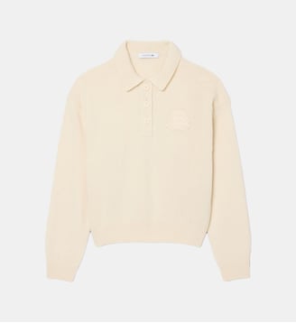 Pull col polo laine blason brodé - Lacoste - Blanc