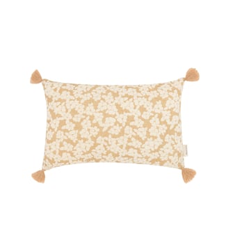 Coussin rectangulaire avec pompons en double gaze de coton lavé Wabi-Sabi - Nobodinoz - Sakura marron doré