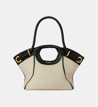 Sac cabas Tote Small en toile et cuir lisse - Balmain - Beige