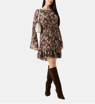 Robe courte plissée et à volants imprimé floral et ceinture - Guess - Marron