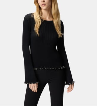 T-shirt côtelé à bords bijou - Pinko - Limousine noire