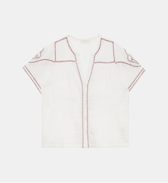 Blouse manches courtes col v uni TOAN - La Petite Etoile - Écru et bordeaux