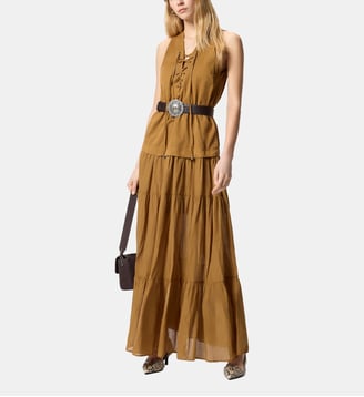 Robe longue en coton à volant et rubans - Pinko - Bronze