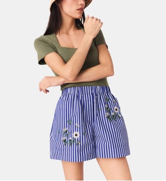 Short rayé en coton brodé - Maje - Blanc et bleu
