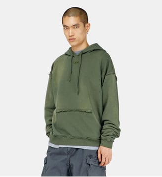 Sweat à capuche en coton délavé avec détails effilochés - Diesel - Kaki