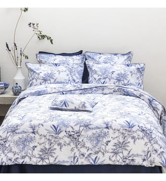 Housse de couette imprimée en satin de coton bio, RIVAGES - Alexandre Turpault - Bleu de chine