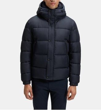 Doudoune courte droite en tissu déperlant capuche - BOSS - Bleu foncé