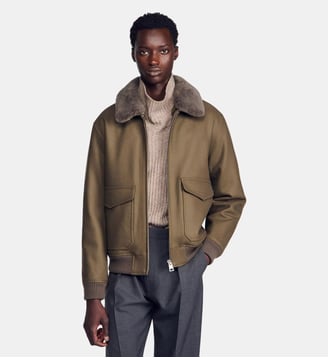Blouson en laine col amovible - Sandro - Taupe et kaki