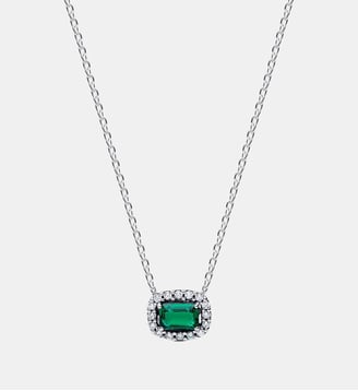 Collier avec Pendentif Halo Vert Scintillant Rectangulaire - Pandora - Argenté