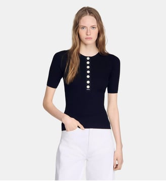 Pull à patte boutonnée côtelé - Sandro - Noir