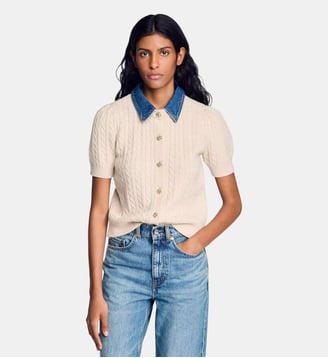 Cardigan à col en denim - Sandro - Beige