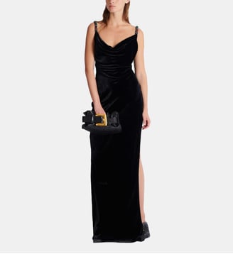 Robe longue à bretelles en velours avec détail bijou - Balmain - Black