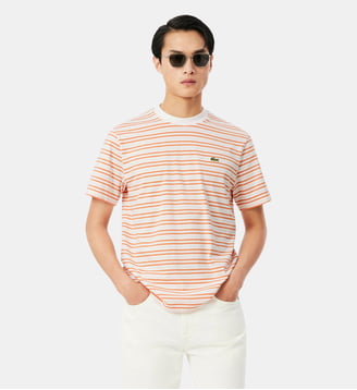 T-shirt coton épais rayé - Lacoste - Orange et blanc