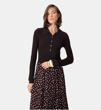 Pull tricot côtelé col polo boutonné Ikks