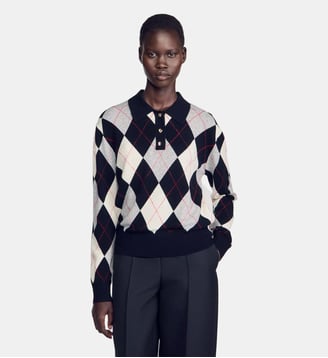 Pull polo motif argyle - Sandro - Noir et écru