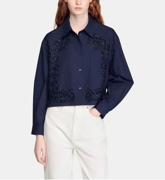 Chemise en coton brodée fleurie - Sandro - Marine