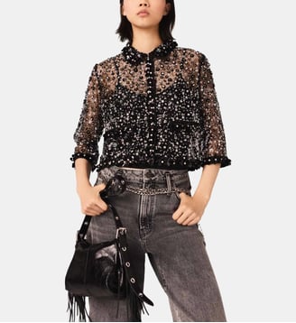 Polo strassé à motif floral - Maje - Noir