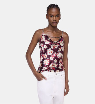 Top à motif floral en satin de soie - Rabanne - Bordures florales violet et jaune