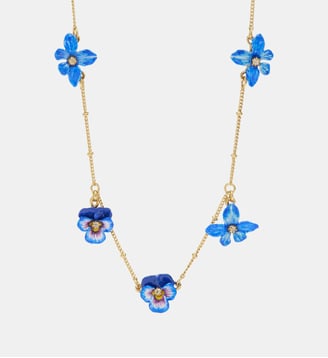 Collier fin violette, pensée et perles dorées - Les Néréides - Bleu