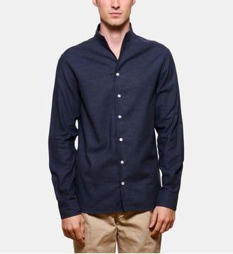 Chemise en flanelle marine col officier coupe droite - Atelier Privé - Bleu marine