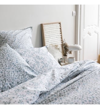 Housse de couette en percale de coton, AQUARELLE - Blanc Cerise - Bleu céladon