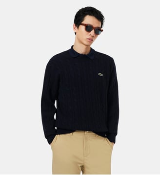 Pull torsadé en laine col rond - Lacoste - Bleu marine