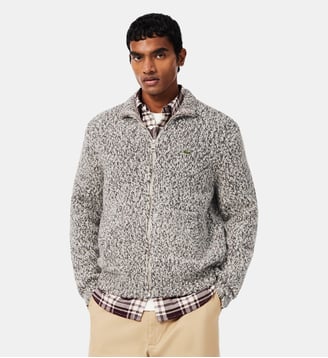 Pull zippé laine maille moulinée - Lacoste - Beige marron noir