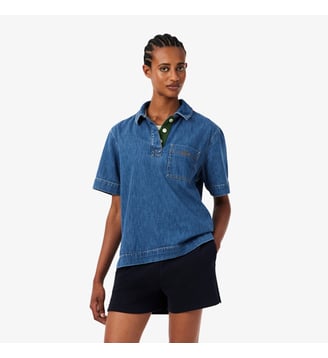 Polo oversize denim léger - Lacoste - Bleu chiné
