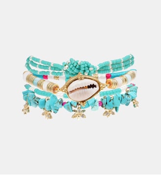 Bracelet manchette multiliens avec perles et pampilles FIORES - Hipanema - Bleu turquoise