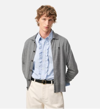Cardigan Col Chemise Ami De Coeur en Laine - AMI Paris - Gris chiné et noir