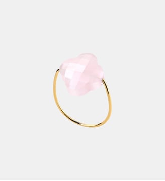 Bague or jaune trefle quartz rose poudre - Morganne Bello - Or jaune