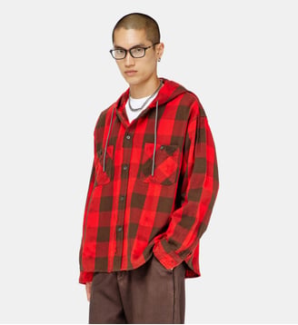 Chemise à capuche effet usé en flanelle à carreaux - Diesel - Marron rouge