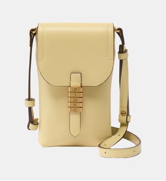 Pochette à bandoulière pour smartphone en cuir à logo - Pinko - Jaune vanille et or antique