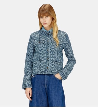 Veste sans col en denim effet maille torsadée - Diesel - Bleu moyen