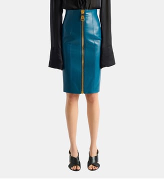 Jupe zippée en cuir d’agneau - Balmain - Bleu