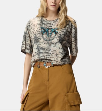 T-shirt cropped à imprimé serpent et love birds - Pinko - Beige et noir