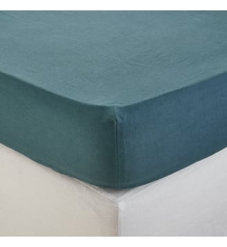 Drap Housse  Lin lavé légèrement froissé - Madura - Bleu pétrole