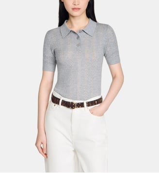 Pull en laine pointelle col polo - Sandro - Gris
