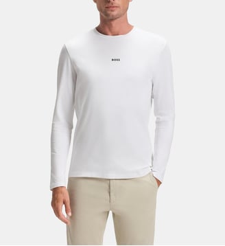 T-shirt droit manches longues en coton stretch - BOSS - Blanc