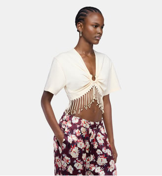 Crop top en coton avec détails de franges perlées - Rabanne - Crème anglaise