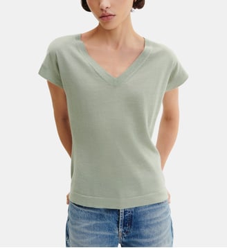 T-shirt droit maille fine en cachemire et soie - Bompard - Vert amande