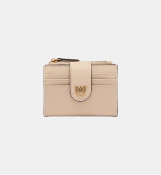 Petit portefeuille en cuir lisse à logo - Pinko - Beige et gris fumée doré antique