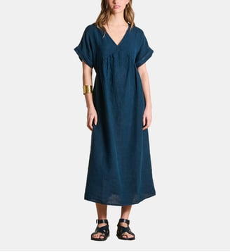 Robe longue ample en lin manches courtes - La Fée Maraboutée - Bleu pétrole