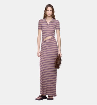 Longue robe piercing en jersey viscose rayé - Rabanne - Rayures violet et rouge
