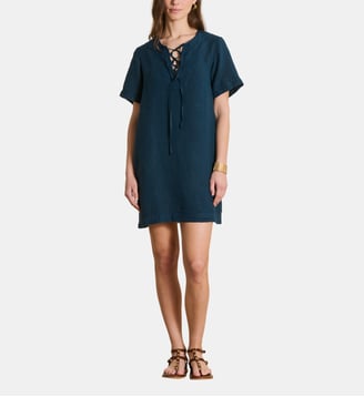 Robe courte en lin manches courtes - La Fée Maraboutée - Bleu pétrole