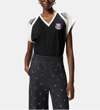 T-shirt col v avec écusson motif logo - Pinko - Noir beurre