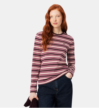 T-shirt manches longues jersey rayé - Lacoste - Marron, beige et rose fushia