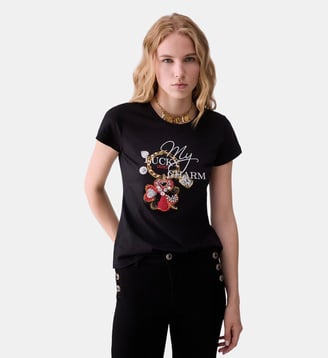 T-shirt avec broderie bijou - Liu Jo - Noir et trèfle à quatre feuilles