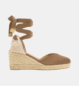 Espadrilles compensées en satin à rubans et décolleté en V CHIARA - Castaner - Moka